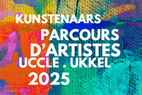 Fond coloré avec texte présentant le parcours d'artistes à uccle 2025