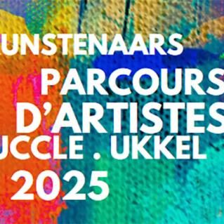 Fond coloré avec texte présentant le parcours d'artistes à uccle 2025
